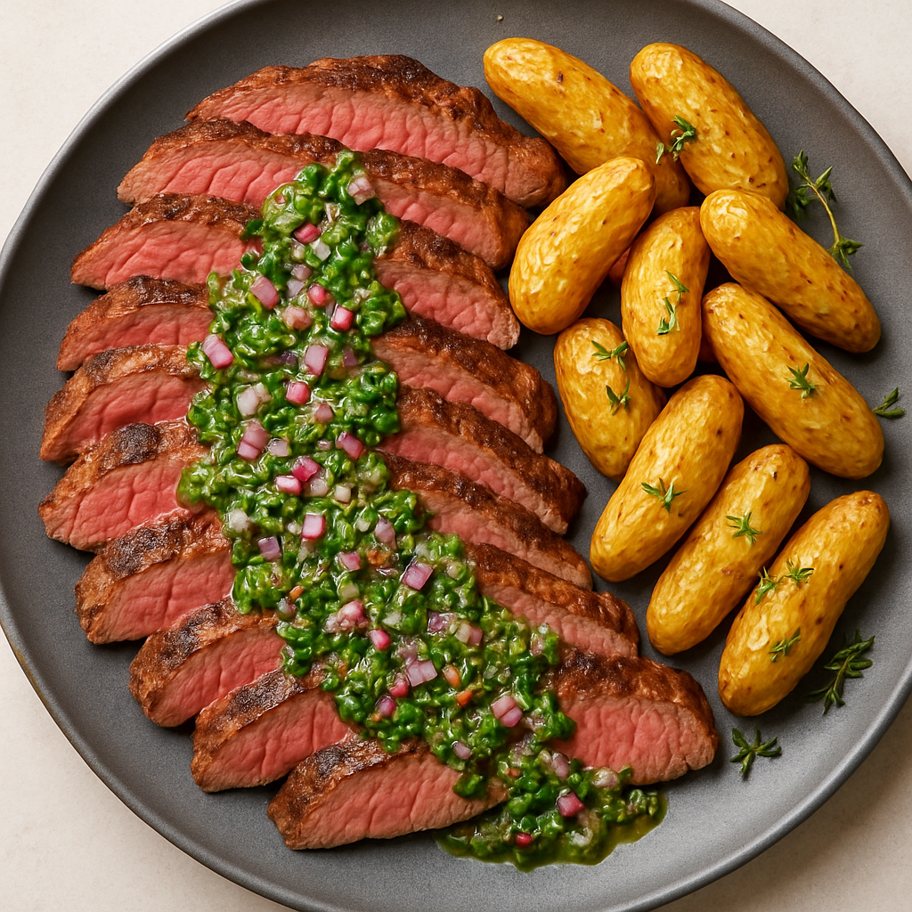 Grilled Flank Steak and Fingerlings with Chimichurri