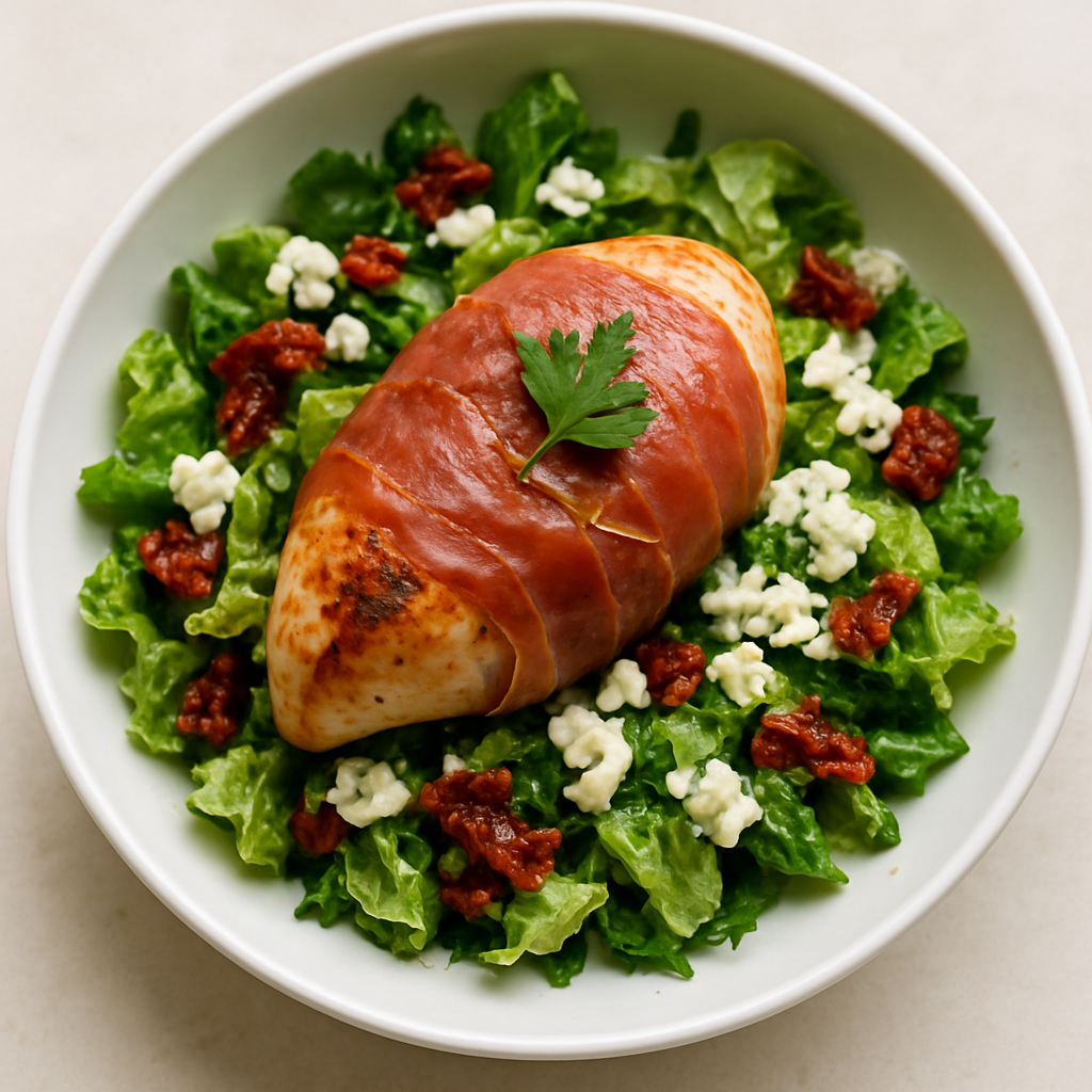 Prosciutto-Wrapped Chicken with Sun-Dried Tomato Salad and Blue Cheese Vinaigrette
