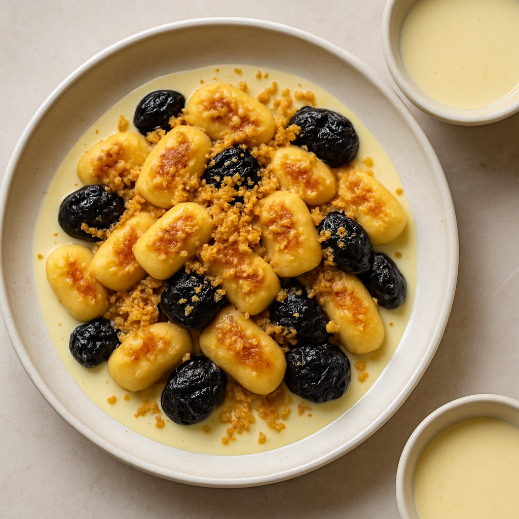 Prune Sweet Gnocchi with Lemon Breadcrumbs and Ginger Infused Crème Anglaise