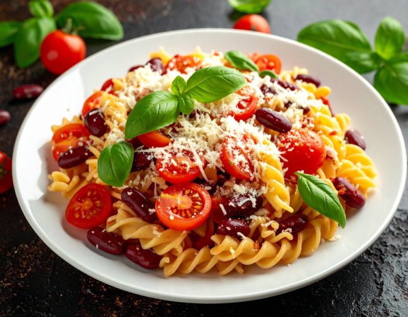 Ensalada de Pasta con Tomate, Albahaca y Frijoles
