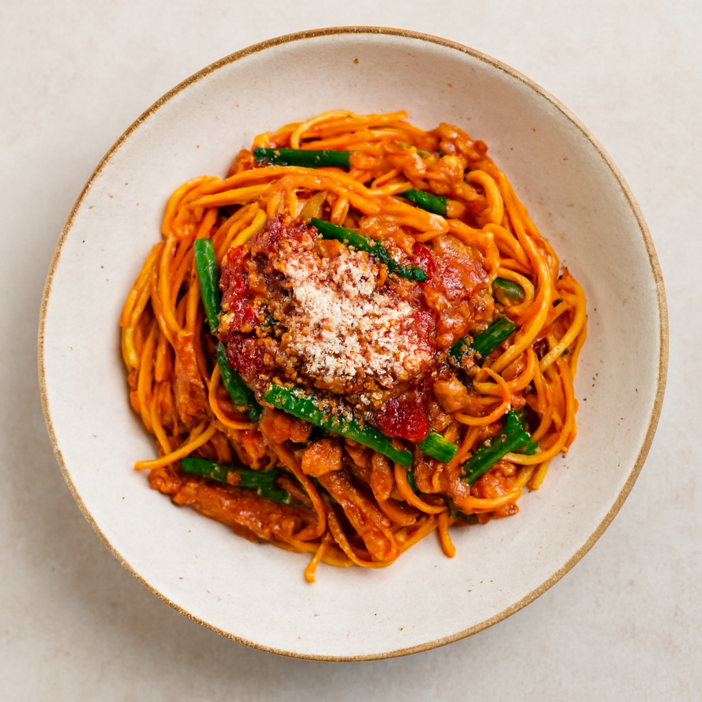 Pasta con Cerdo y Kimchi