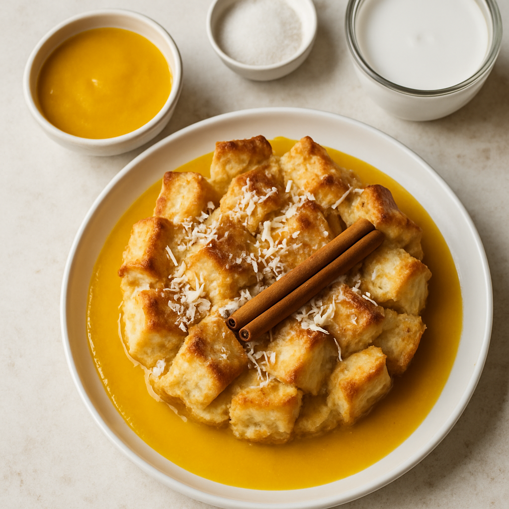 Budín de Pan de Coco con Salsa de Mango