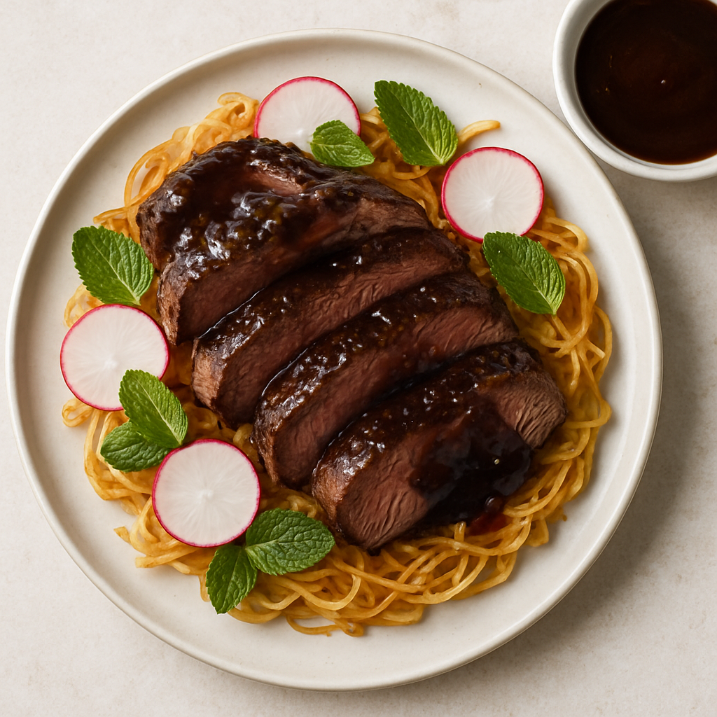 Carne de Res con Salsa Hoisin y Pastel de Fideos Crujientes