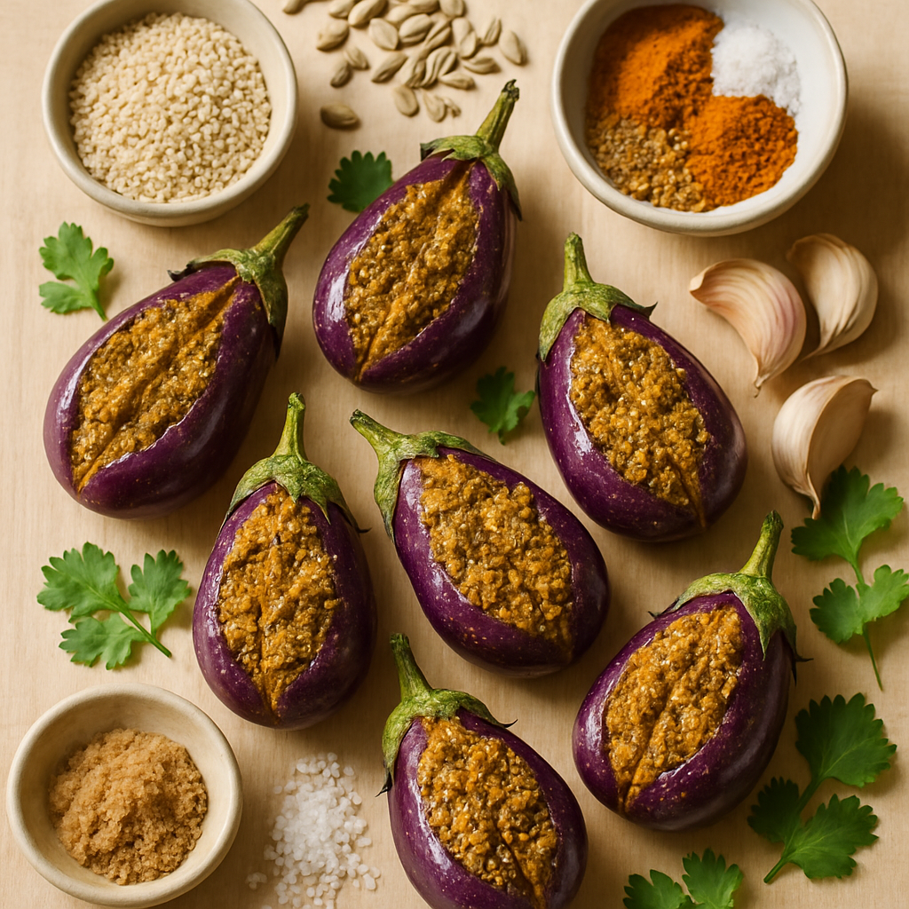 Berenjena India Rellena con Masala de Sésamo y Girasol