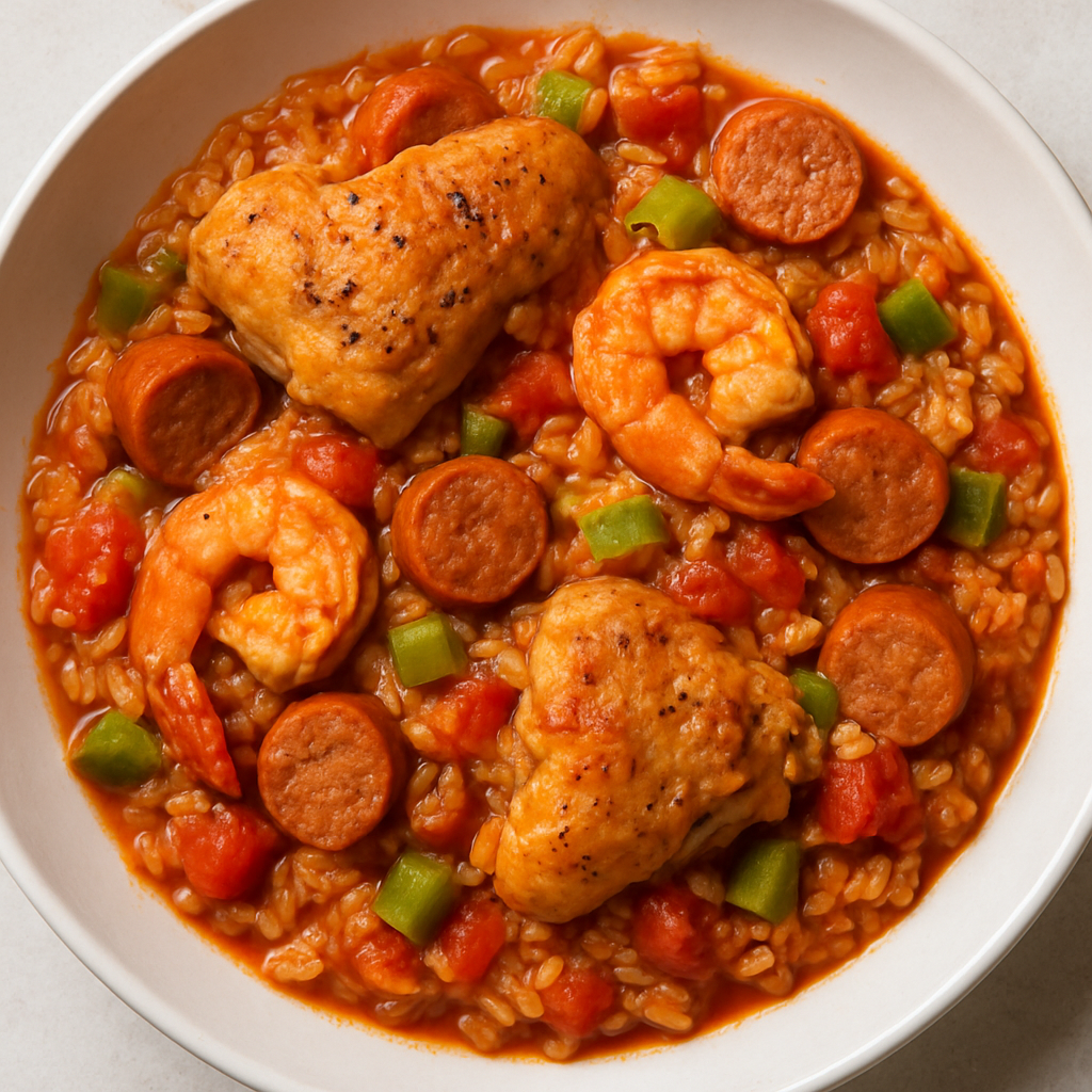 Jambalaya Rojo Estilo Creole con Pollo, Salchicha y Camarones