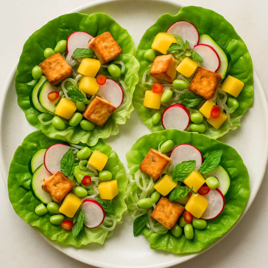 Rollos de Lechuga con Mango y Calabacín, Edamame y Tofu