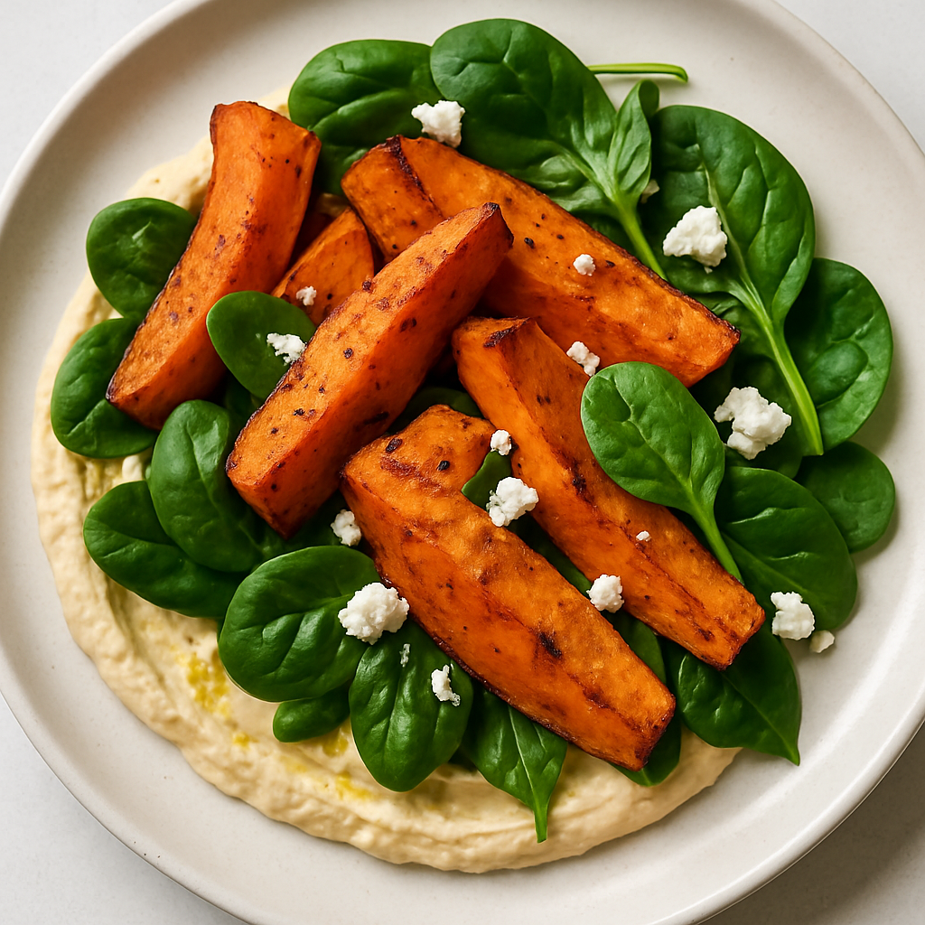 Batatas Dulces Asadas con Hummus y Espinacas