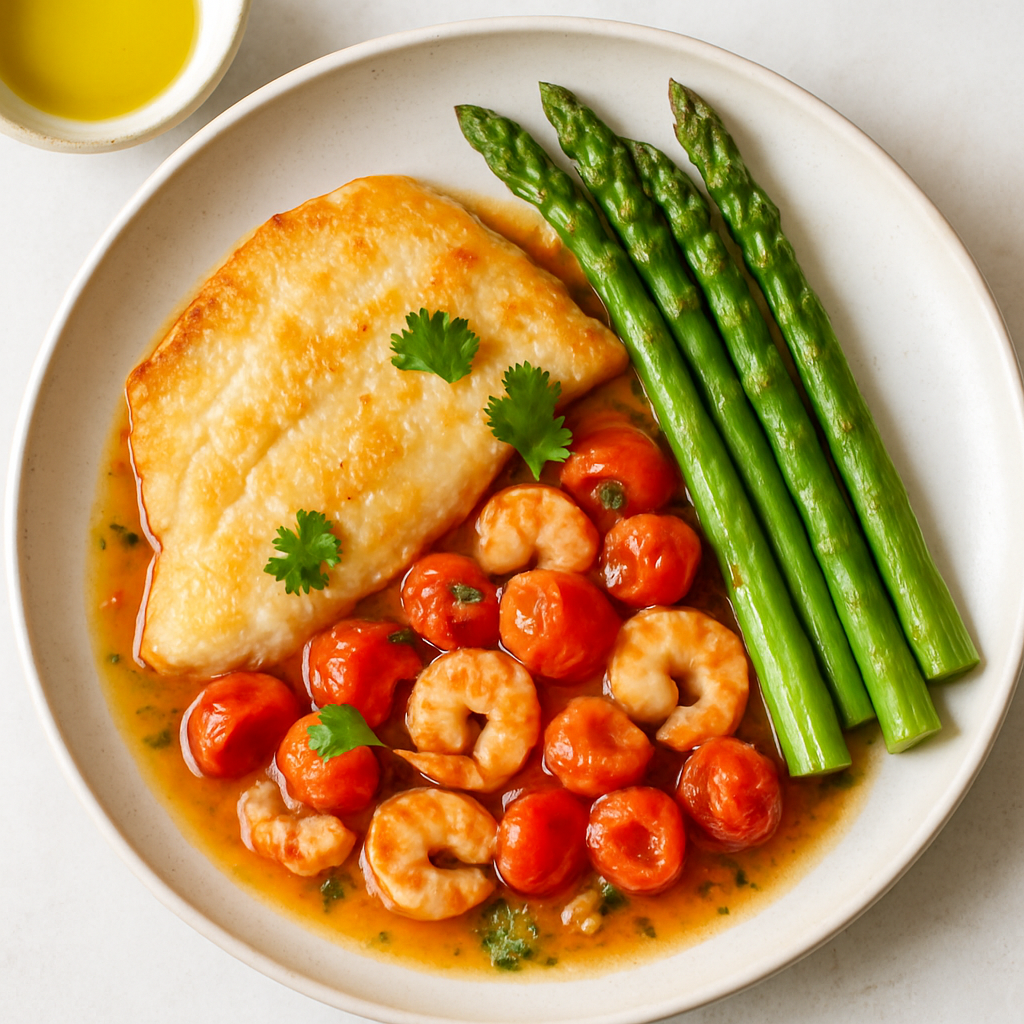 Fish with Asparagus and Burst Tomato-Shrimp Sauce