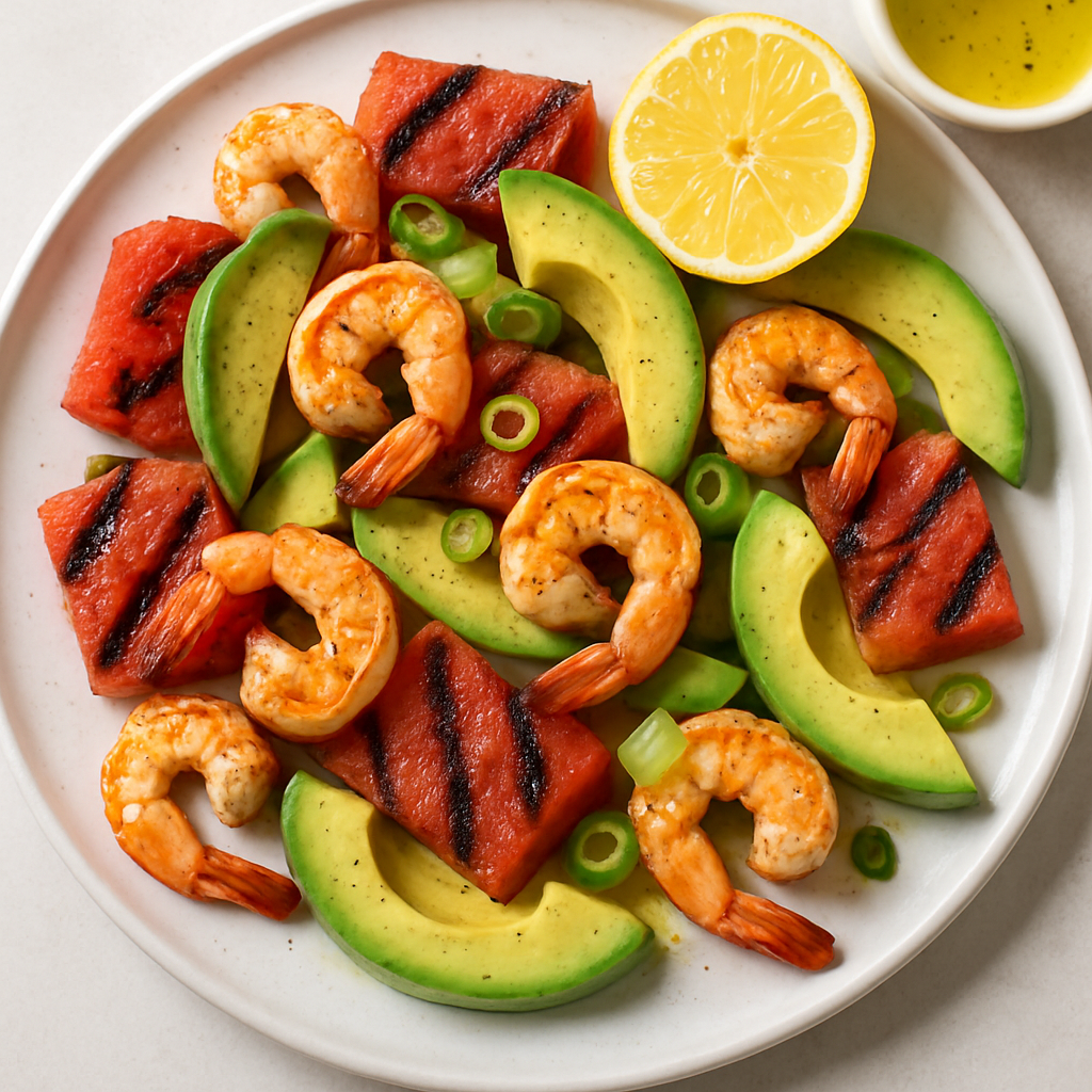Grilled Watermelon, Avocado, and Shrimp Salad