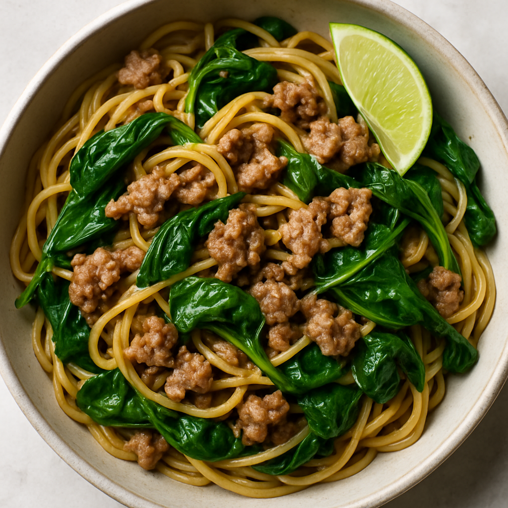 Fideos Asiáticos con Cerdo y Espinaca