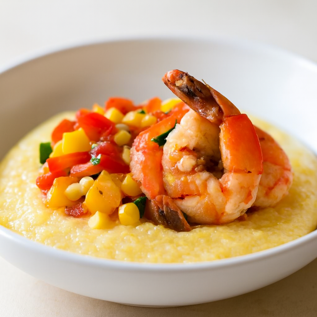 Camarones con Salsa de Durazno sobre Polenta Cremosa