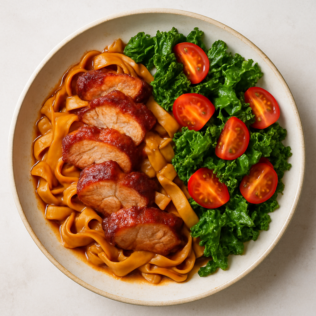 Chow Fun con Cerdo Asado y Ensalada de Col Rizada y Tomate