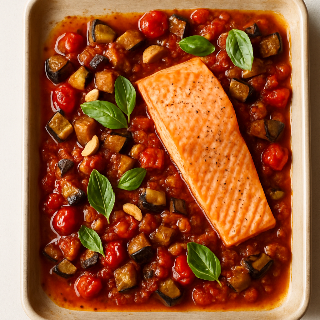 Sheet-Pan Salmon With Tomato-Eggplant Compote