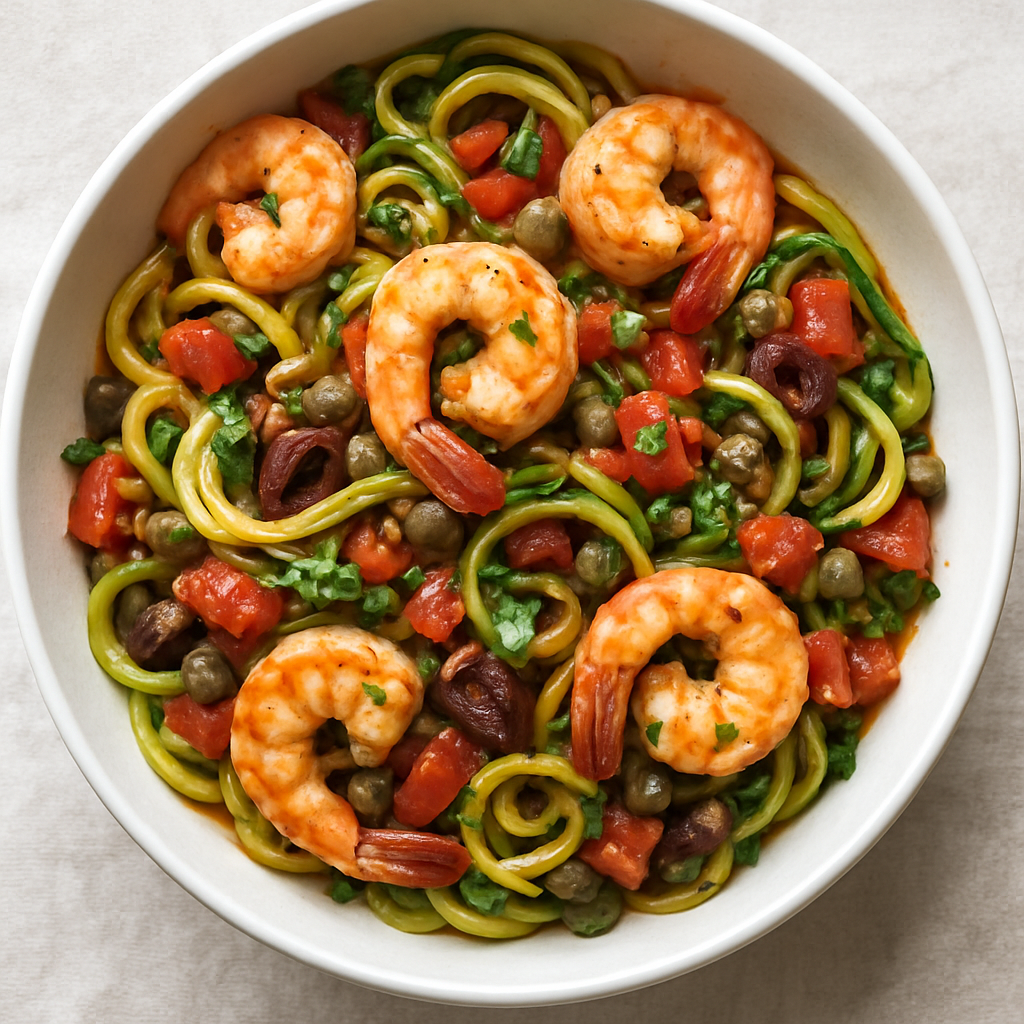 Pasta Puttanesca de Camarones y Calabacín