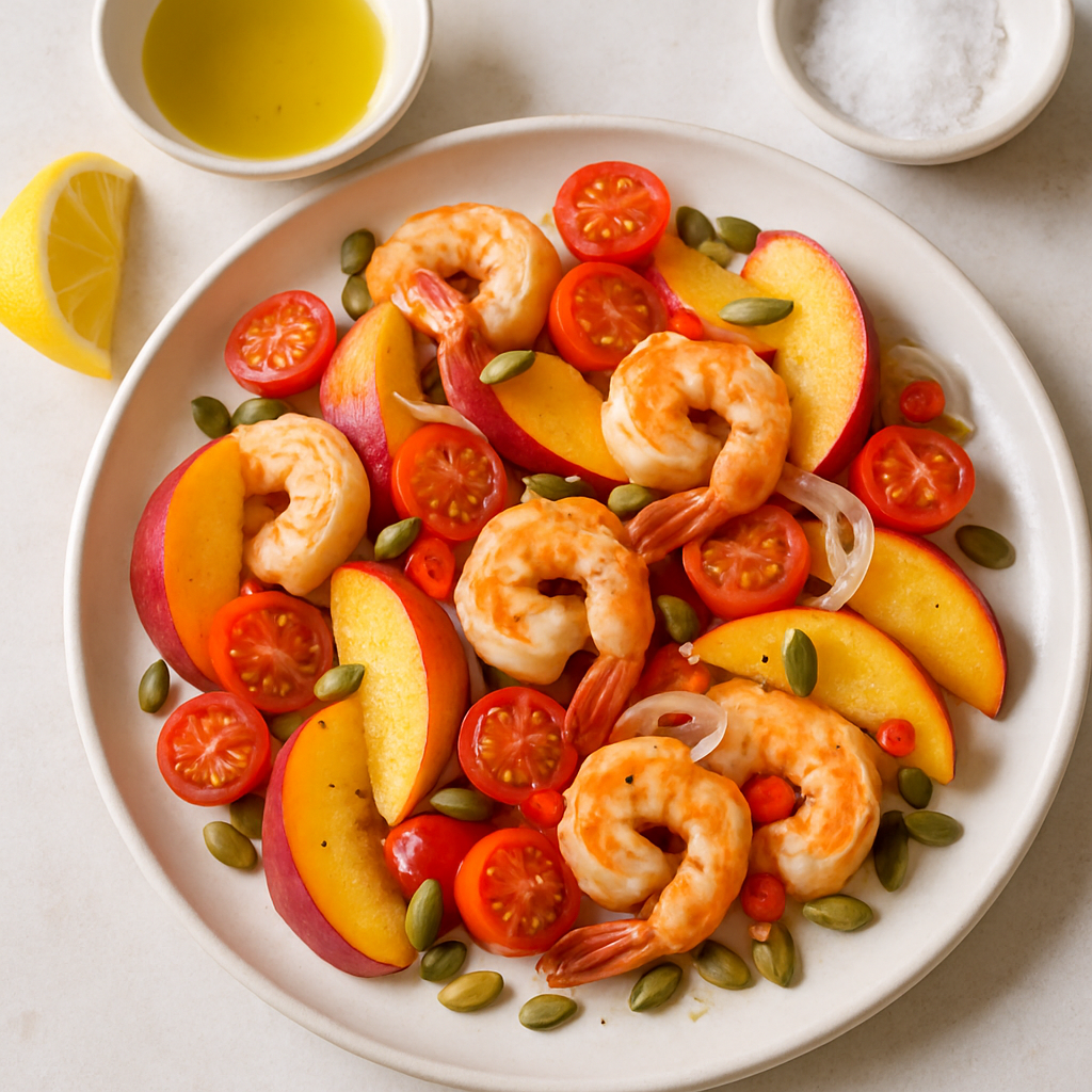Ensalada de Durazno, Tomate y Camarones