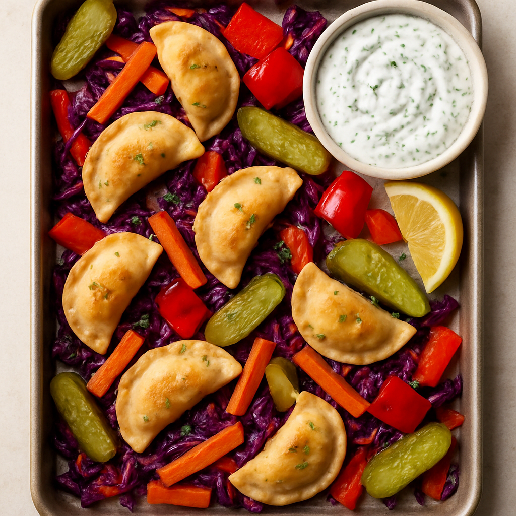 Pierogi Fácil en Bandeja con Verduras Asadas y Dip de Crema Agria con Eneldo