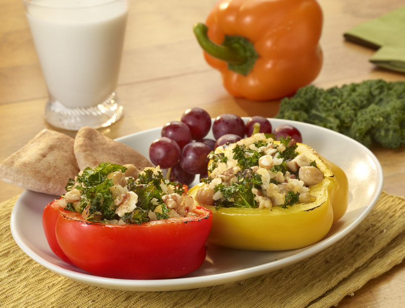 Rainbow Bell Pepper Boats with Garbanzo Beans and Kale