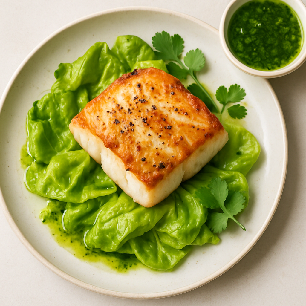 Seared Cod over Wilted Butter Lettuce and Cilantro Oil