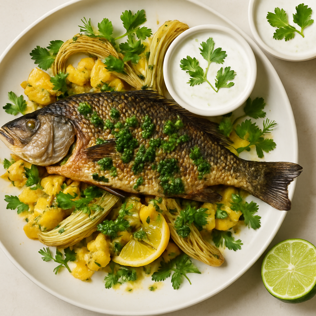 Pescado Entero Asado con Hinojo, Papas Aplastadas, Limón Preservado y Charmoula