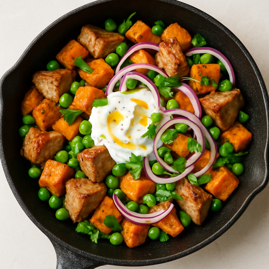 Cerdo, Camotes y Guisantes con Salsa de Yogur y Miel