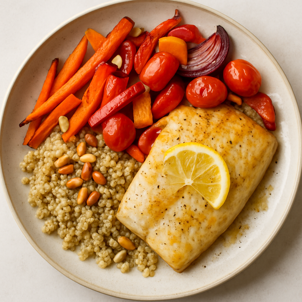 Pescado y Verduras Asados con Quinoa y Piñones