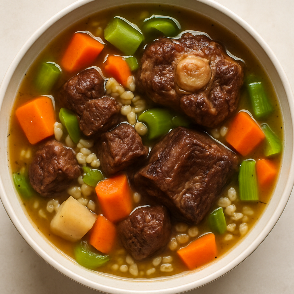 Beef Oxtail and Short Rib Soup with Root Vegetables and Barley