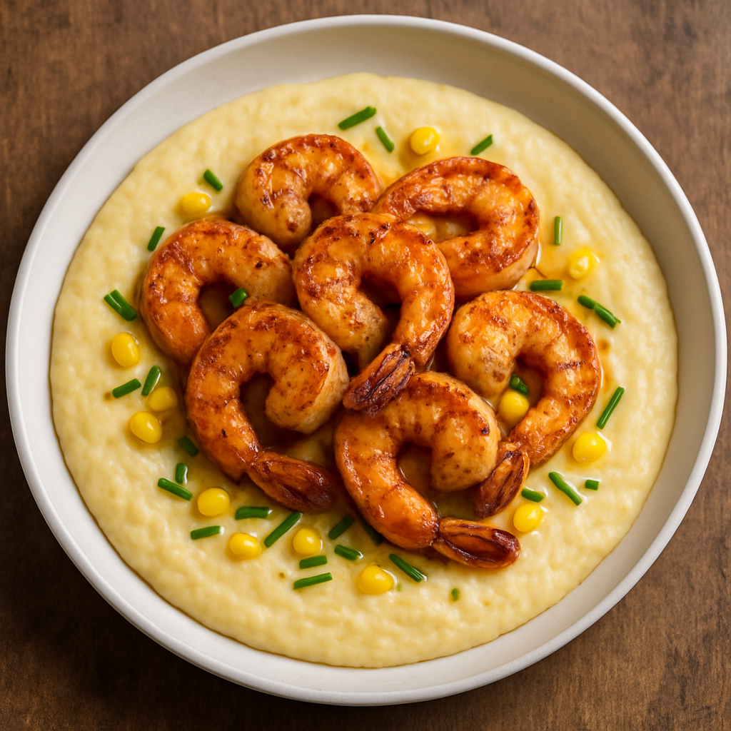 Grits de Gouda con Camarones en Mantequilla Dorada Ahumada