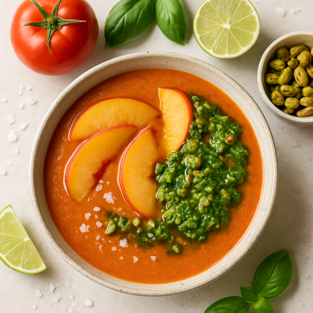 Chilled Tomato Peach Soup with Pistachio Basil Pistou