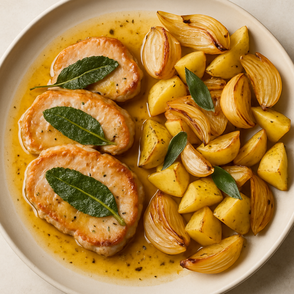 Pork "Saltimbocca" with Roasted Onions and Potatoes