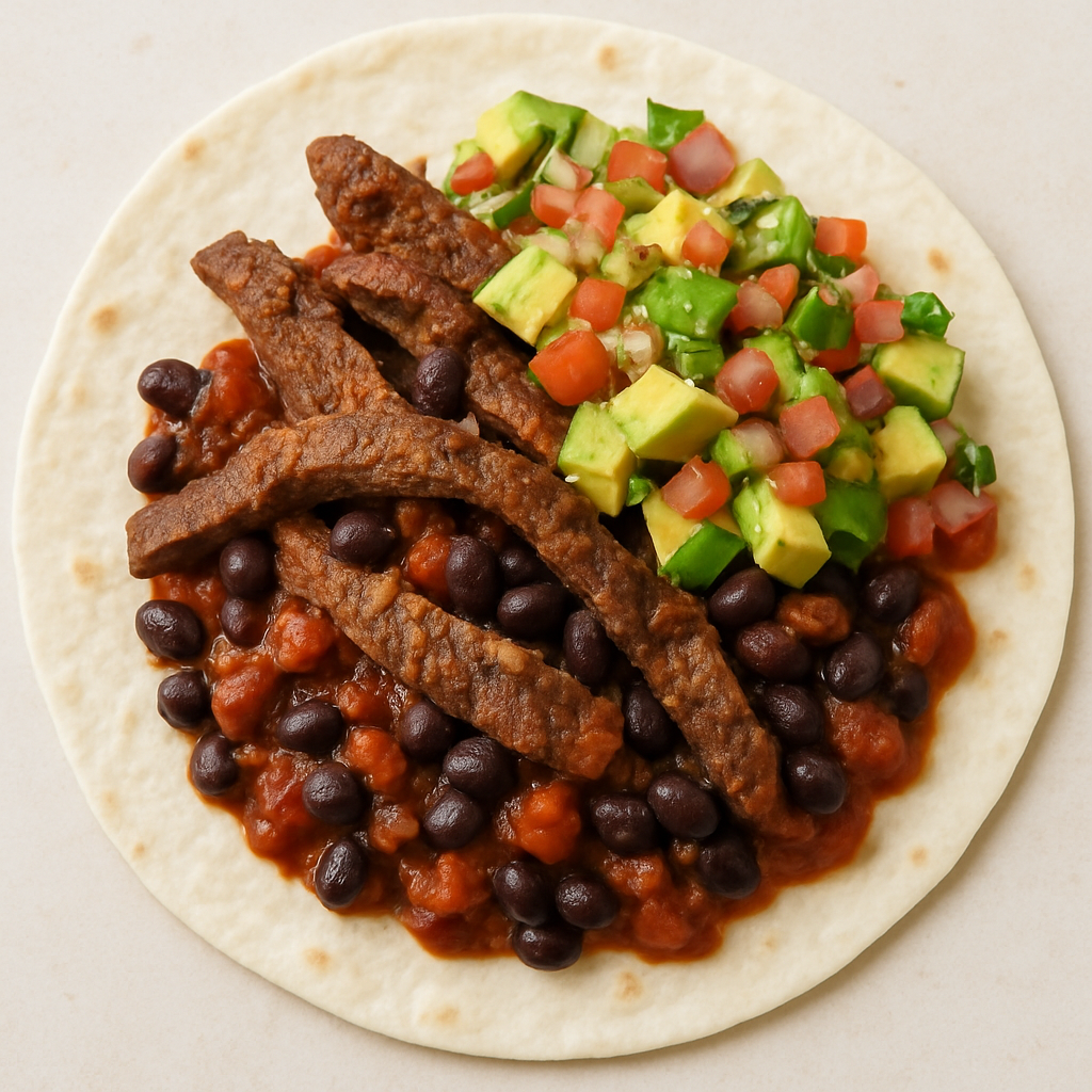 Fajitas de Carne y Frijoles con Salsa de Aguacate y Tomate