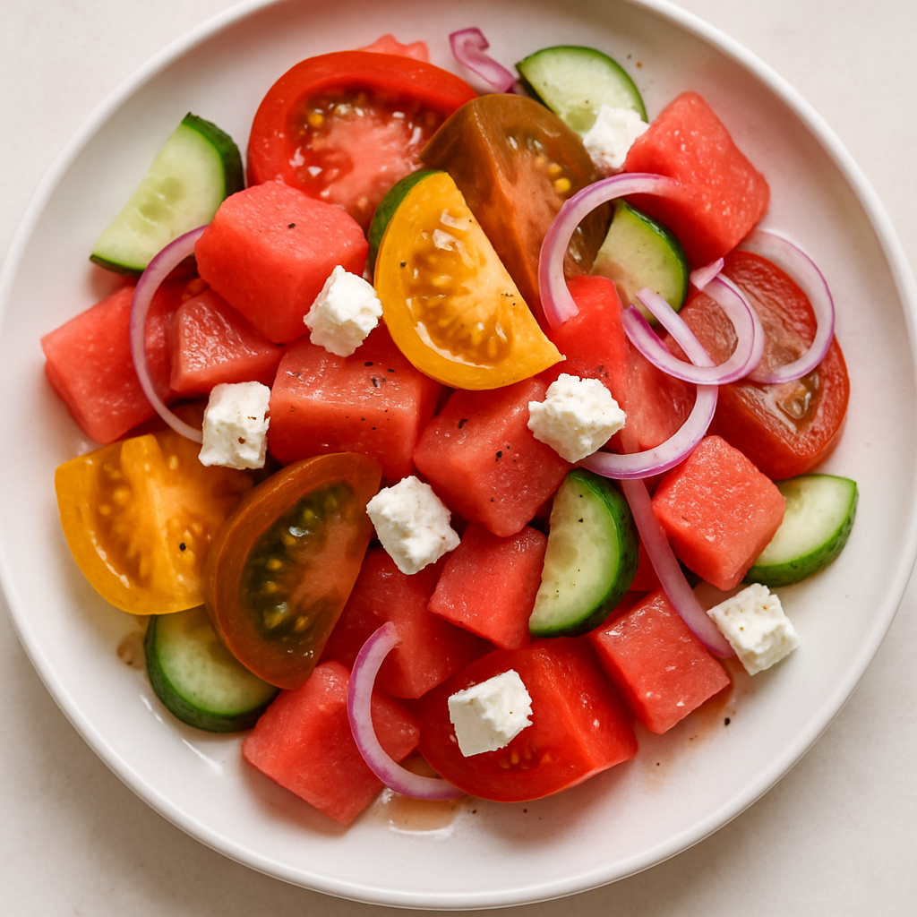 Ensalada de Tomate y Sandía con Queso Feta