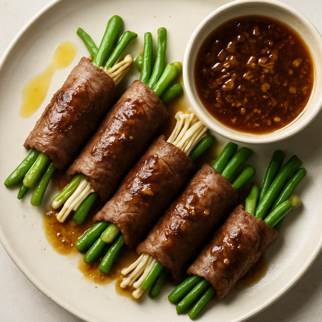 Rollos de Carne con Vegetales y Salsa de Mermelada de Jengibre y Soja