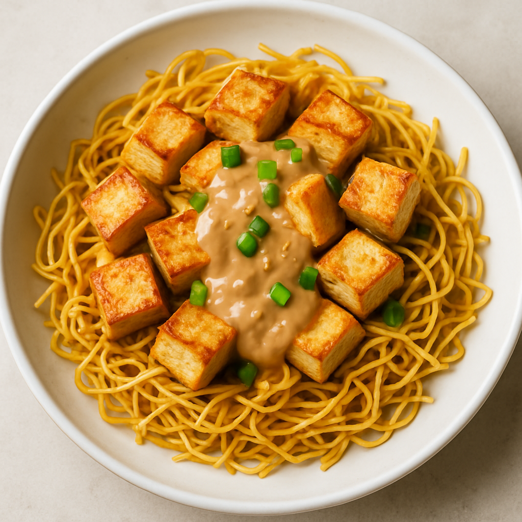 Fideos Crujientes con Tofu y Salsa de Cacahuate