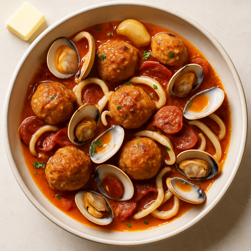 Spanish Meatballs with Clams, Chorizo & Squid
