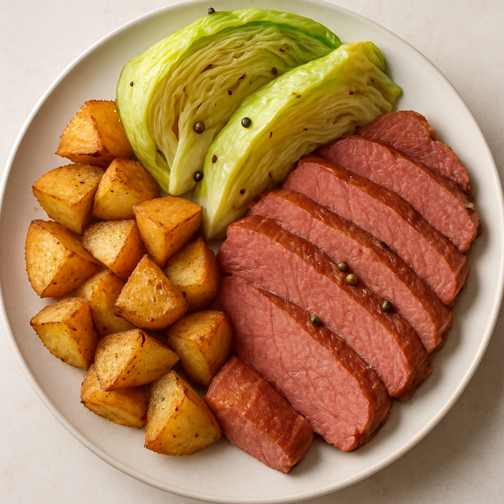 Corned Beef with Crispy Roasted Potatoes and Cabbage