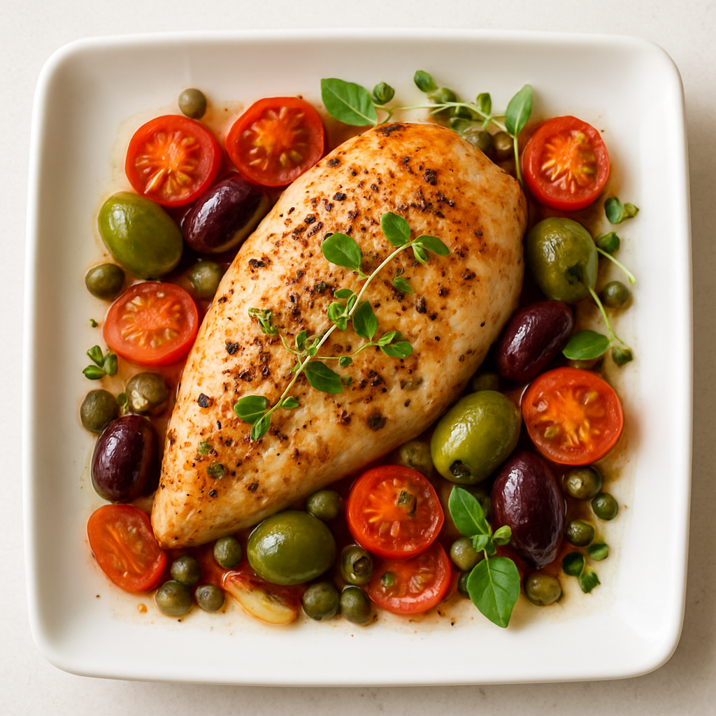 Baked Mediterranean Chicken Breasts with Tomatoes, Olives, Capers, and Garlic