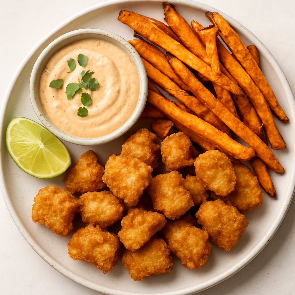 Bocados de Pescado Frito con Papas Dulces y Mayo Picante
