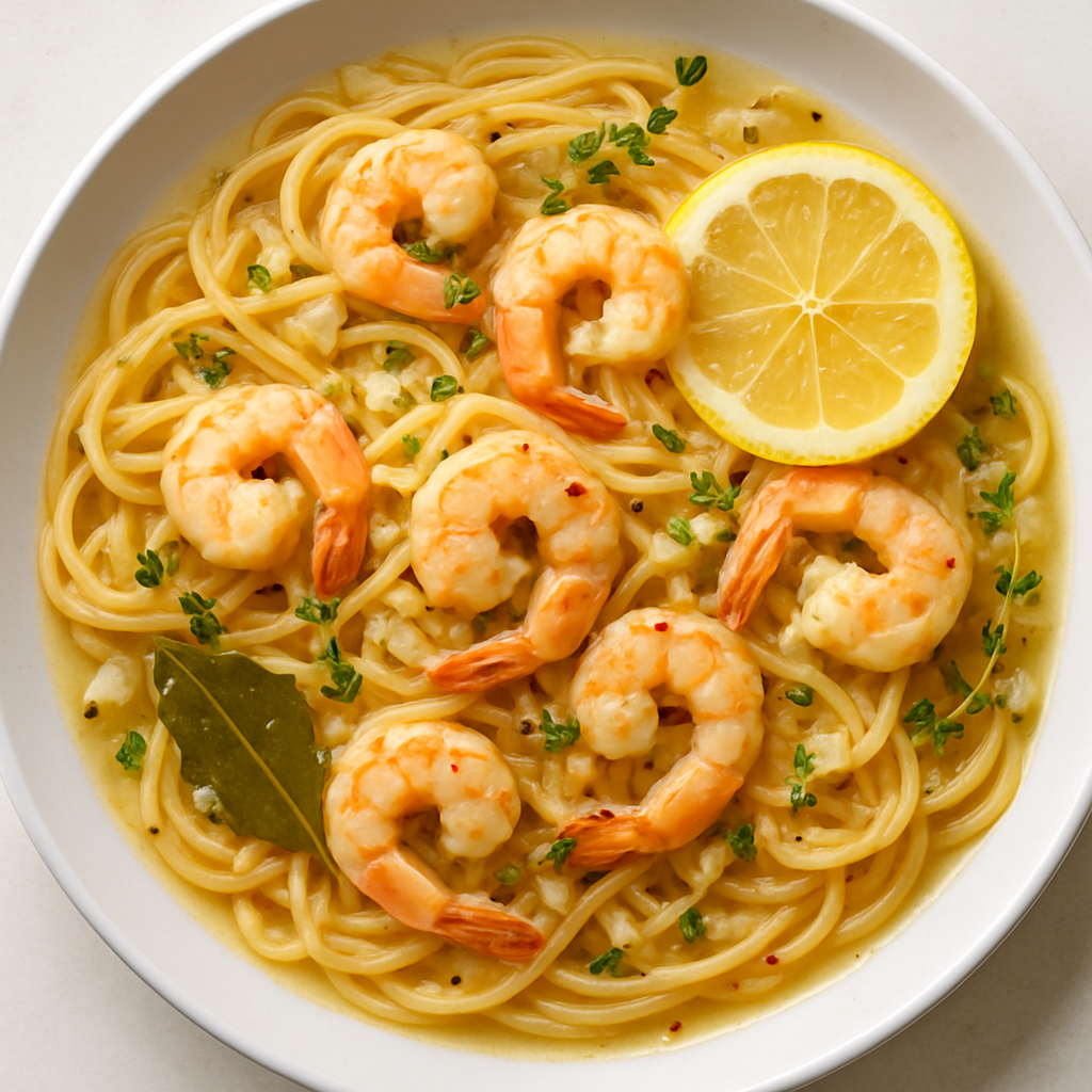Espaguetis con Camarones, Limón y Ajo