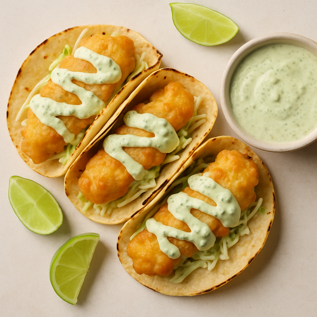 Beer-Battered Fish Tacos with Jalapeño Crema