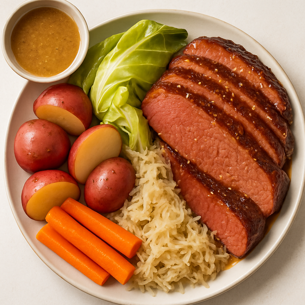 Brown Sugar and Dijon Glazed Corned Beef and Cabbage with Red Potatoes