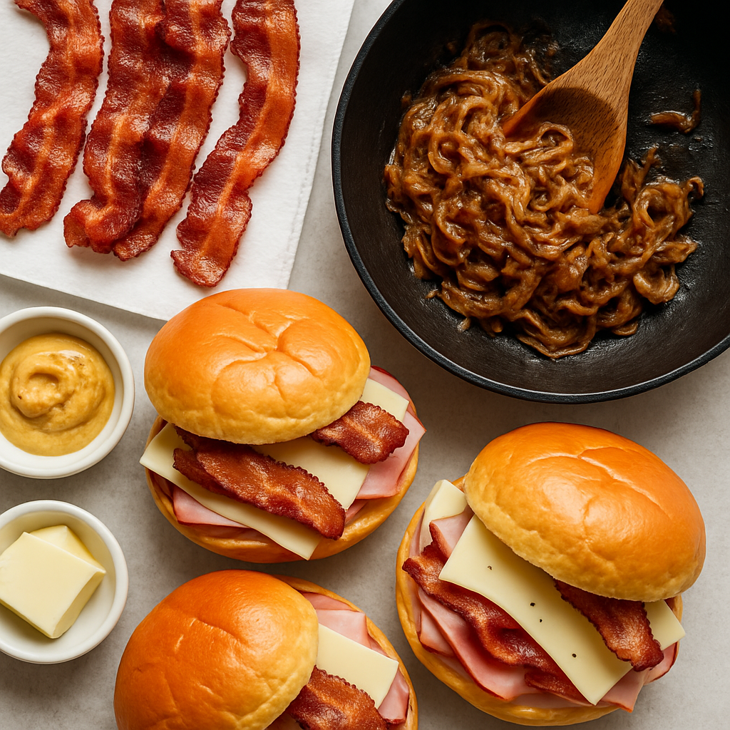 Hot Ham and Cheese Sandwiches with Bacon and Caramelized Onions