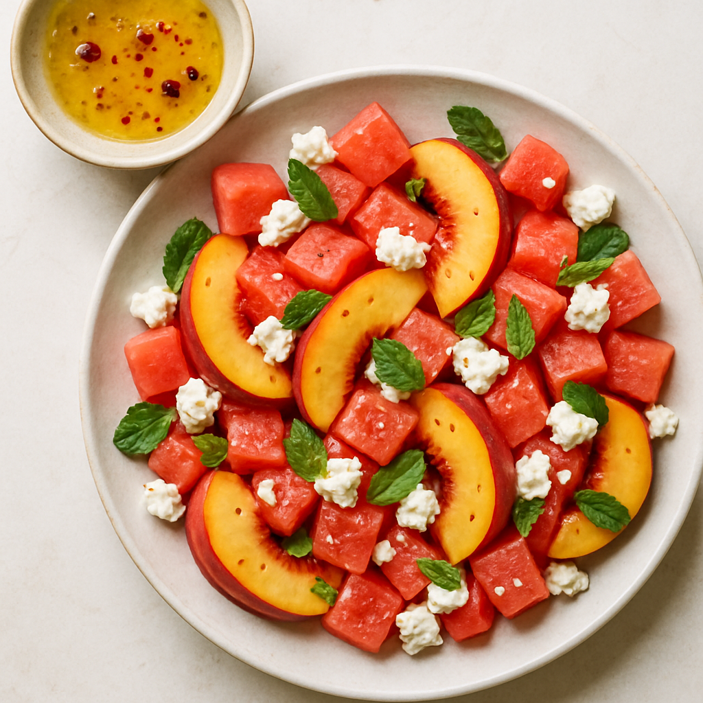 Watermelon Peach and Feta Salad with Lemon Allspice Dressing