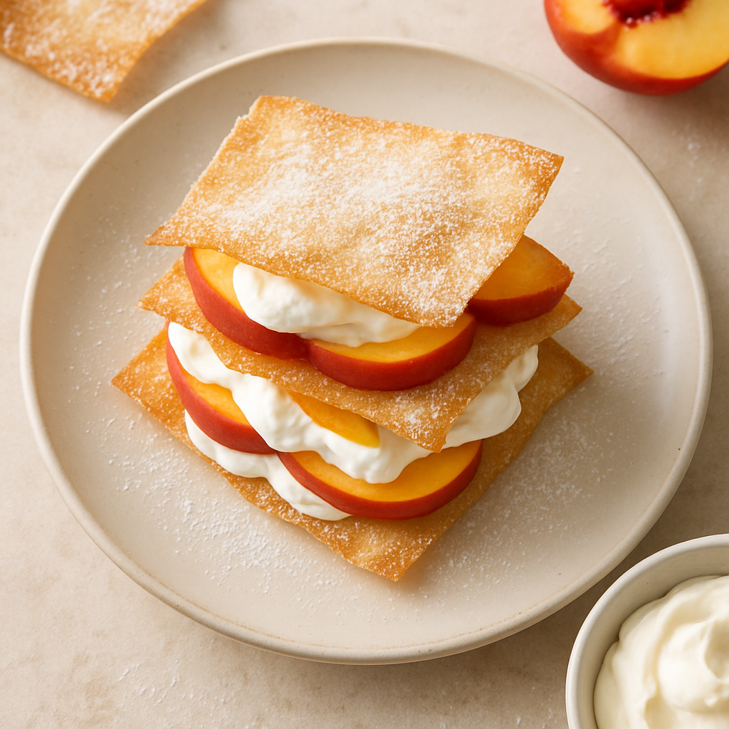 Peach Napoleon with Sugared Wonton Wrappers