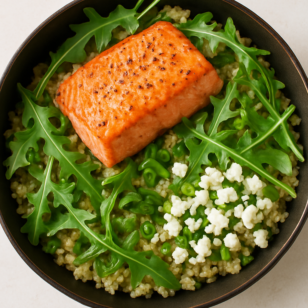 Skillet Salmon With Quinoa, Feta, and Arugula