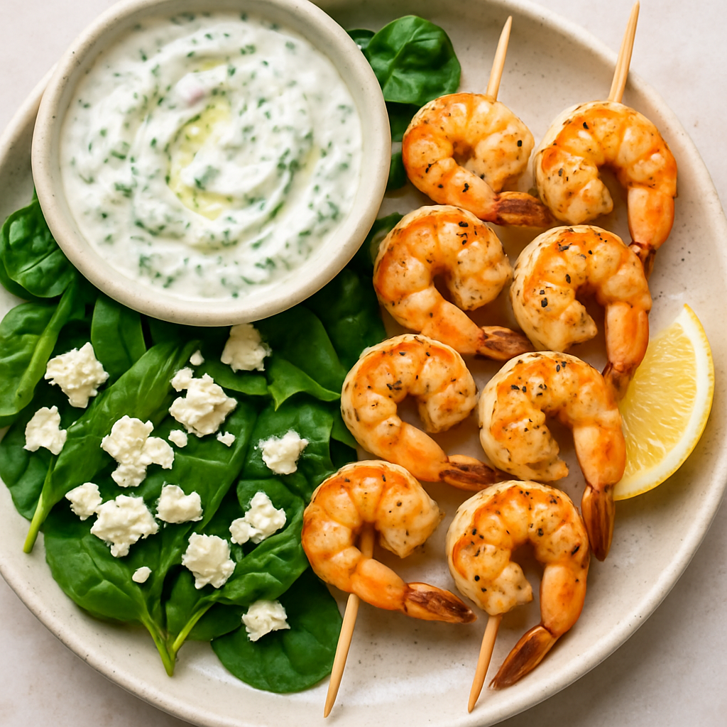 Brochetas de Camarones con Tzatziki, Espinacas y Queso Feta