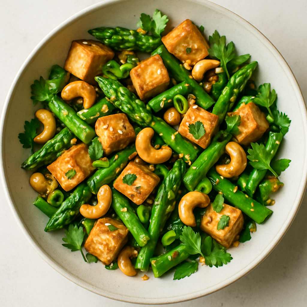Asparagus and Tofu Stir-Fry with Cashews and Fresh Herbs