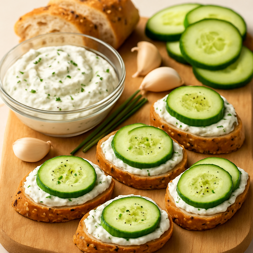 Cucumber Crostini with Garlic & Chive Cream Cheese Spread