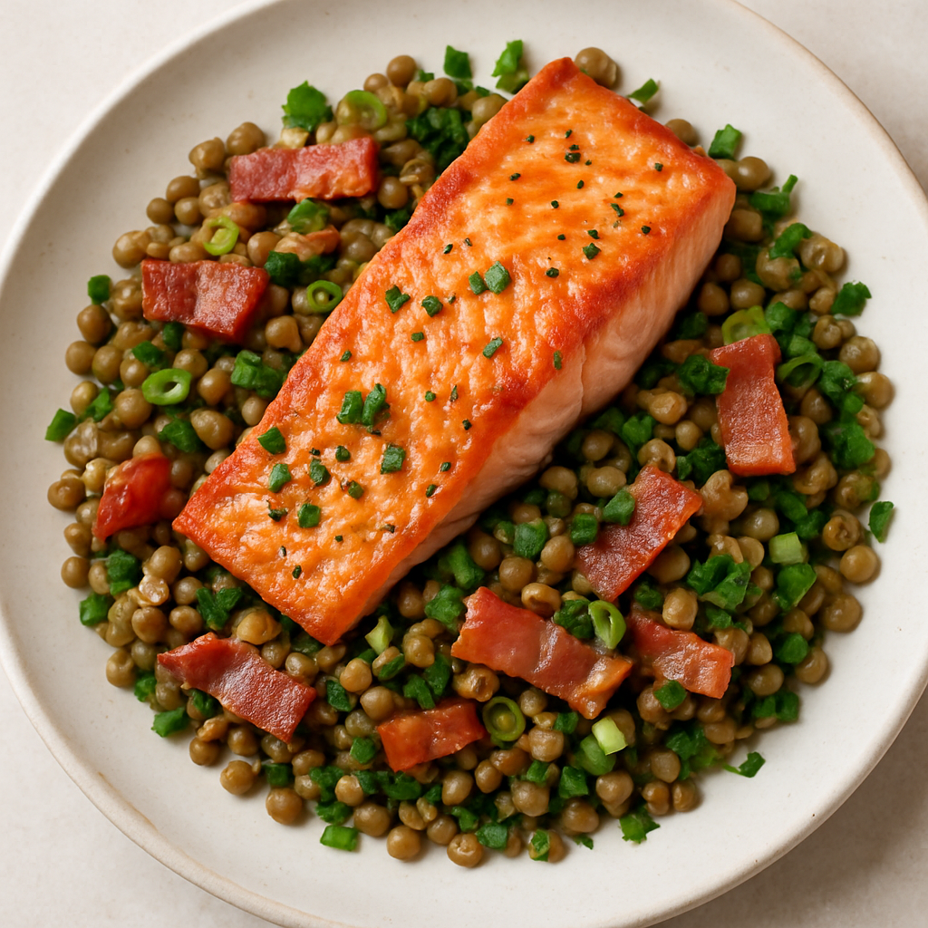Salmon with Smoked Bacon and Lentil Salad