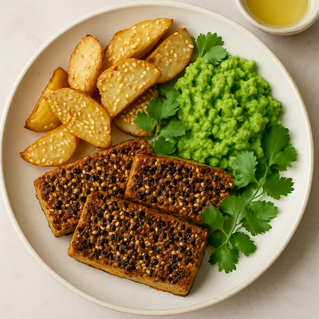 Tofu Steaks with Sesame Chips and Mushy Peas