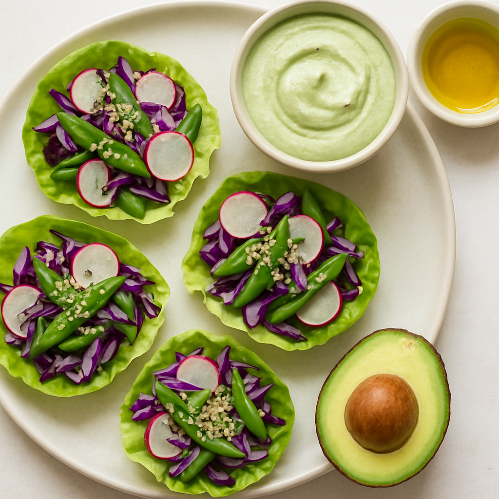 Snap Pea Slaw Cups with Avocado Chive Cream